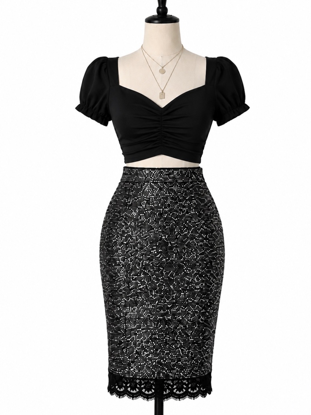 Zara Silver Sequin Pencil Skirt Black Lace Trim Size Medium - Picture 2 of 4